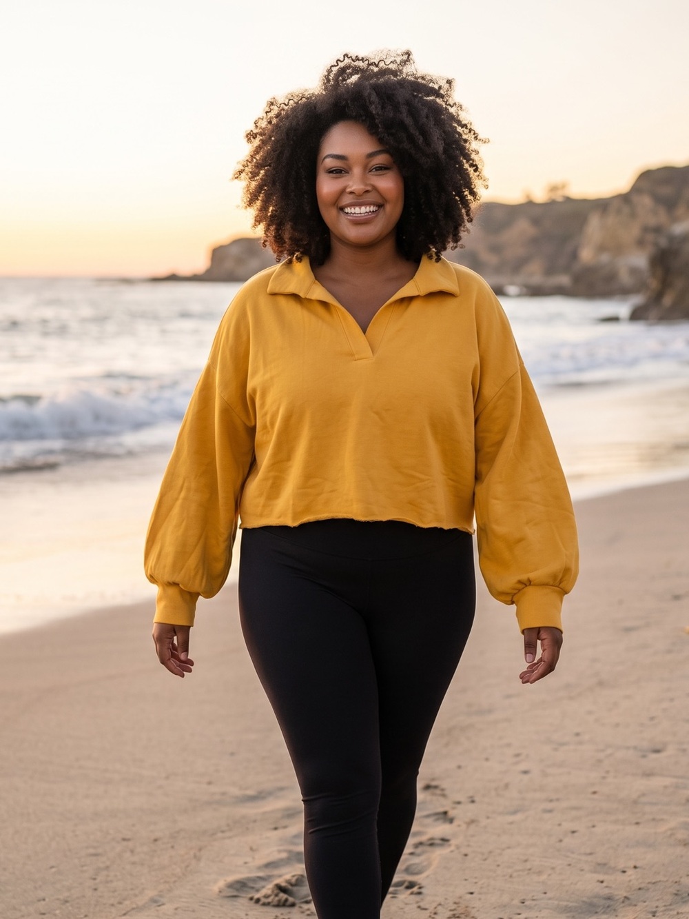 Mango-Yellow Cropped Polo Sweatshirt with Long Sleeves